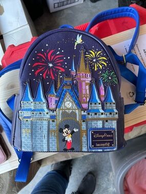 Loungefly Navy Disney Castle Mini Backpack with Multicolor Fireworks